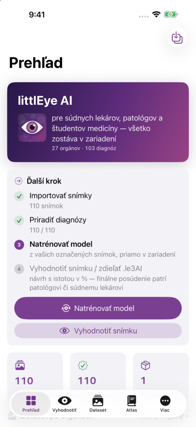 Prehľad na iPhone so záložkami Prehľad, Vyhodnotiť, Dataset, Atlas a Viac