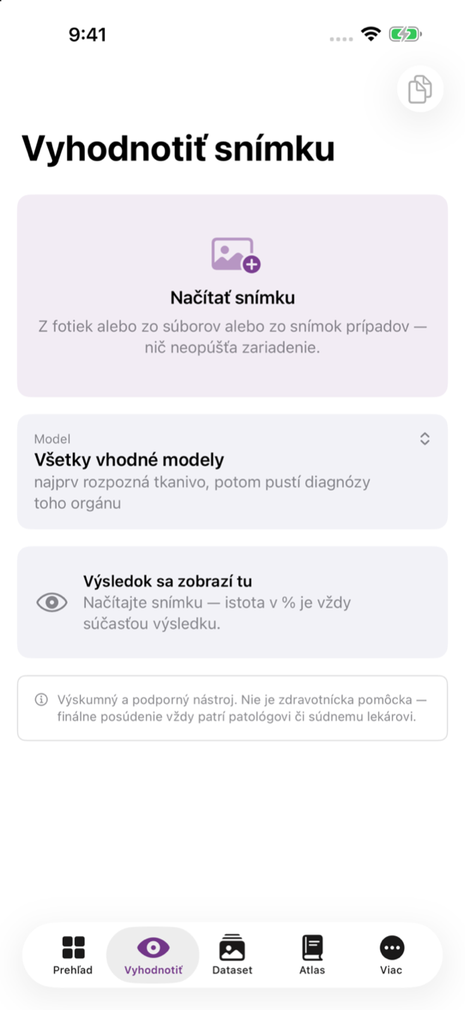 Vyhodnotenie snímky na iPhone s prvotnou diagnózou (návrh) a istotou v percentách